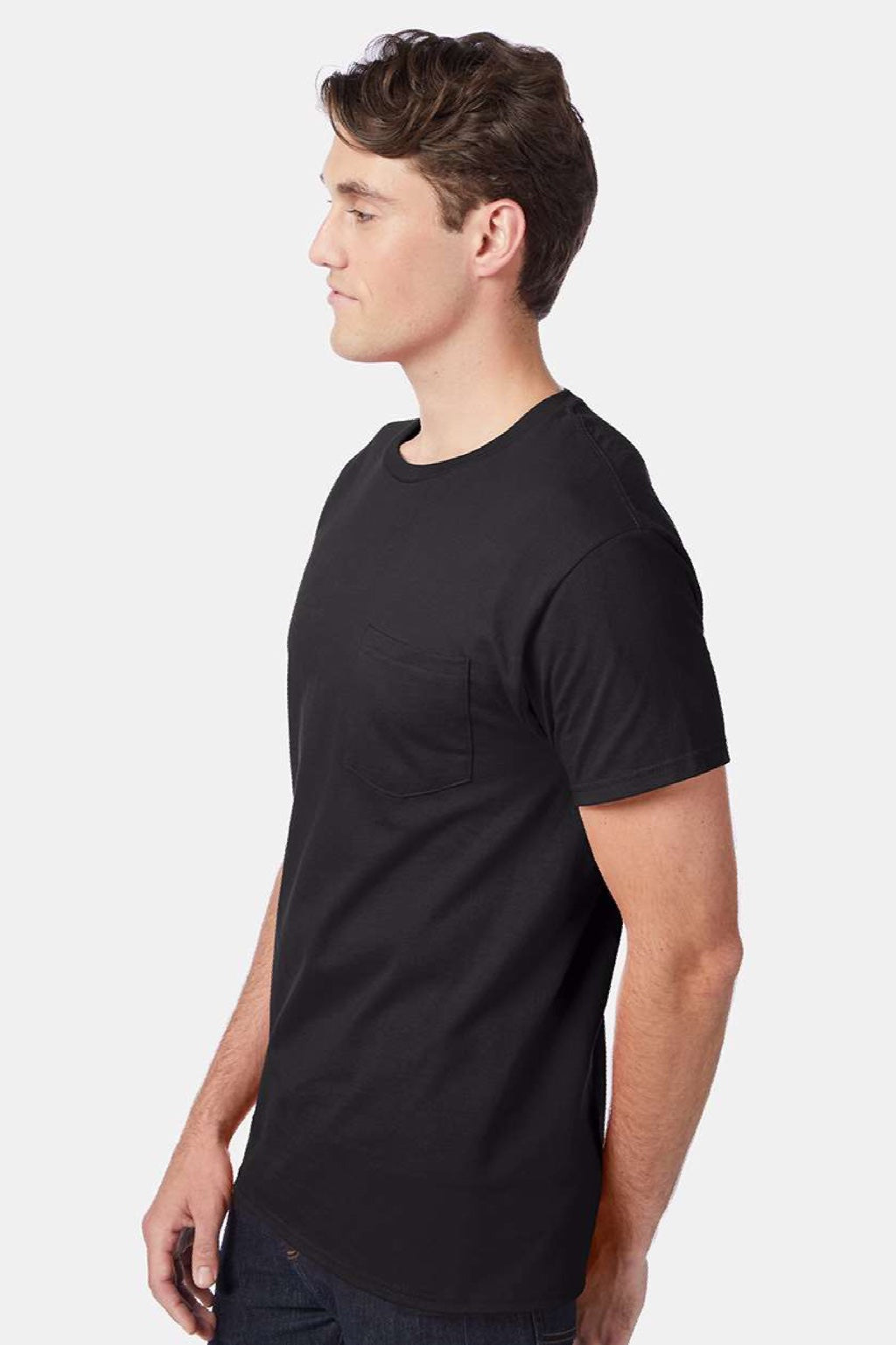 Hanes 5590 Mens Authentic Short Sleeve Crewneck T-Shirt w/ Pocket Black Model Side
