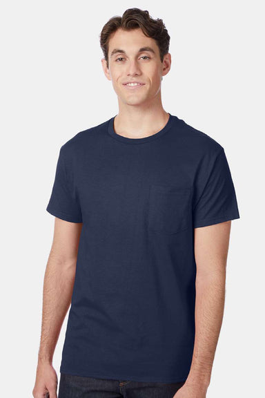 Hanes 5590 Mens Authentic Short Sleeve Crewneck T-Shirt w/ Pocket Navy Blue Model Front