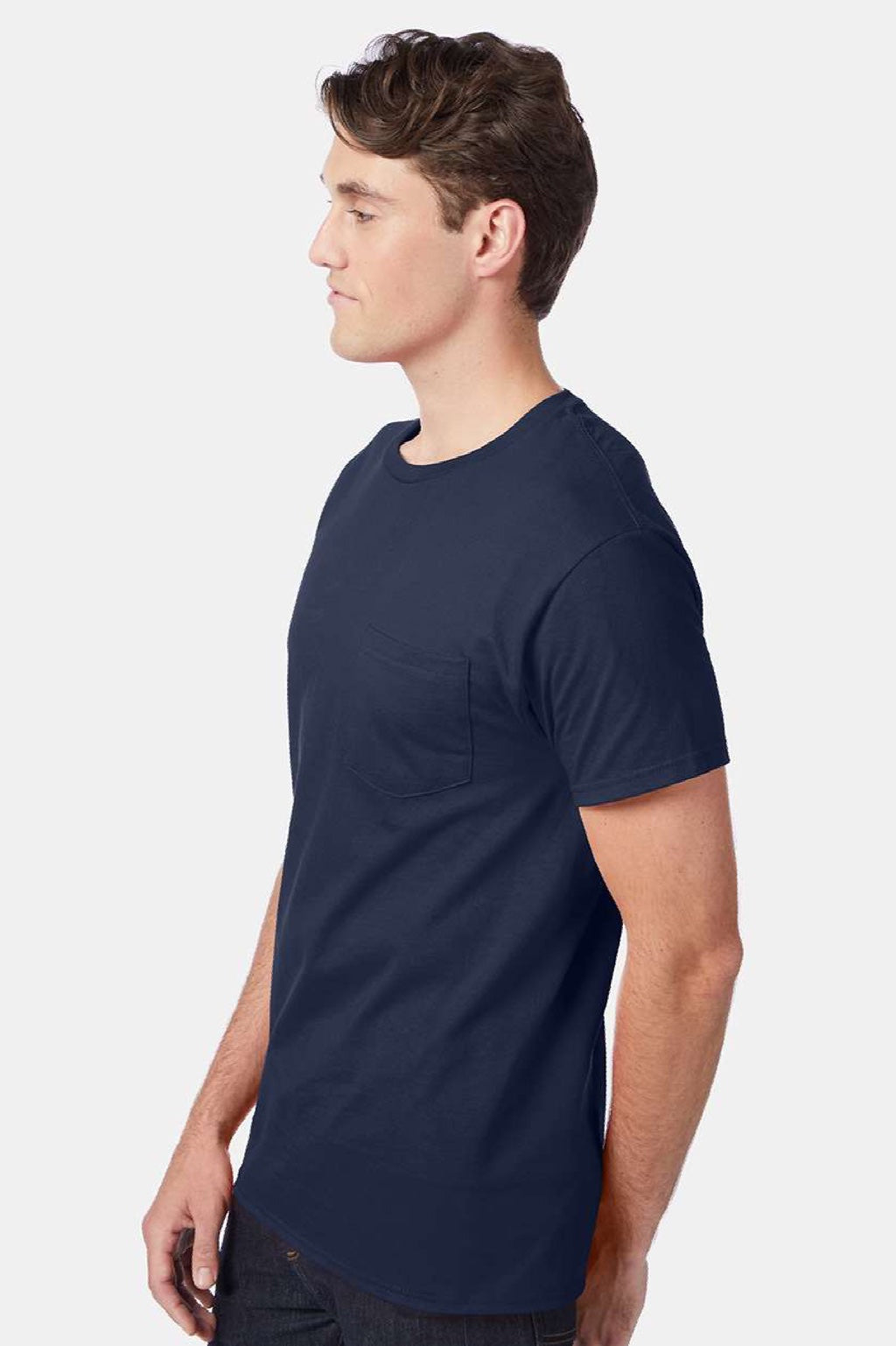 Hanes 5590 Mens Authentic Short Sleeve Crewneck T-Shirt w/ Pocket Navy Blue Model Side