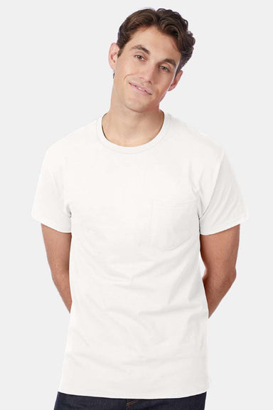 Hanes 5590 Mens Authentic Short Sleeve Crewneck T-Shirt w/ Pocket White Model Front