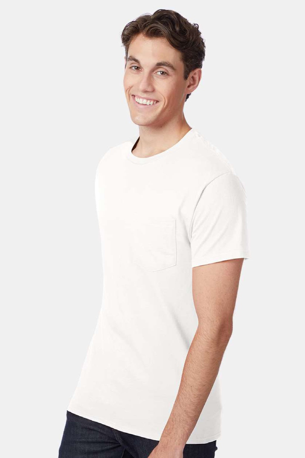 Hanes 5590 Mens Authentic Short Sleeve Crewneck T-Shirt w/ Pocket White Model Side