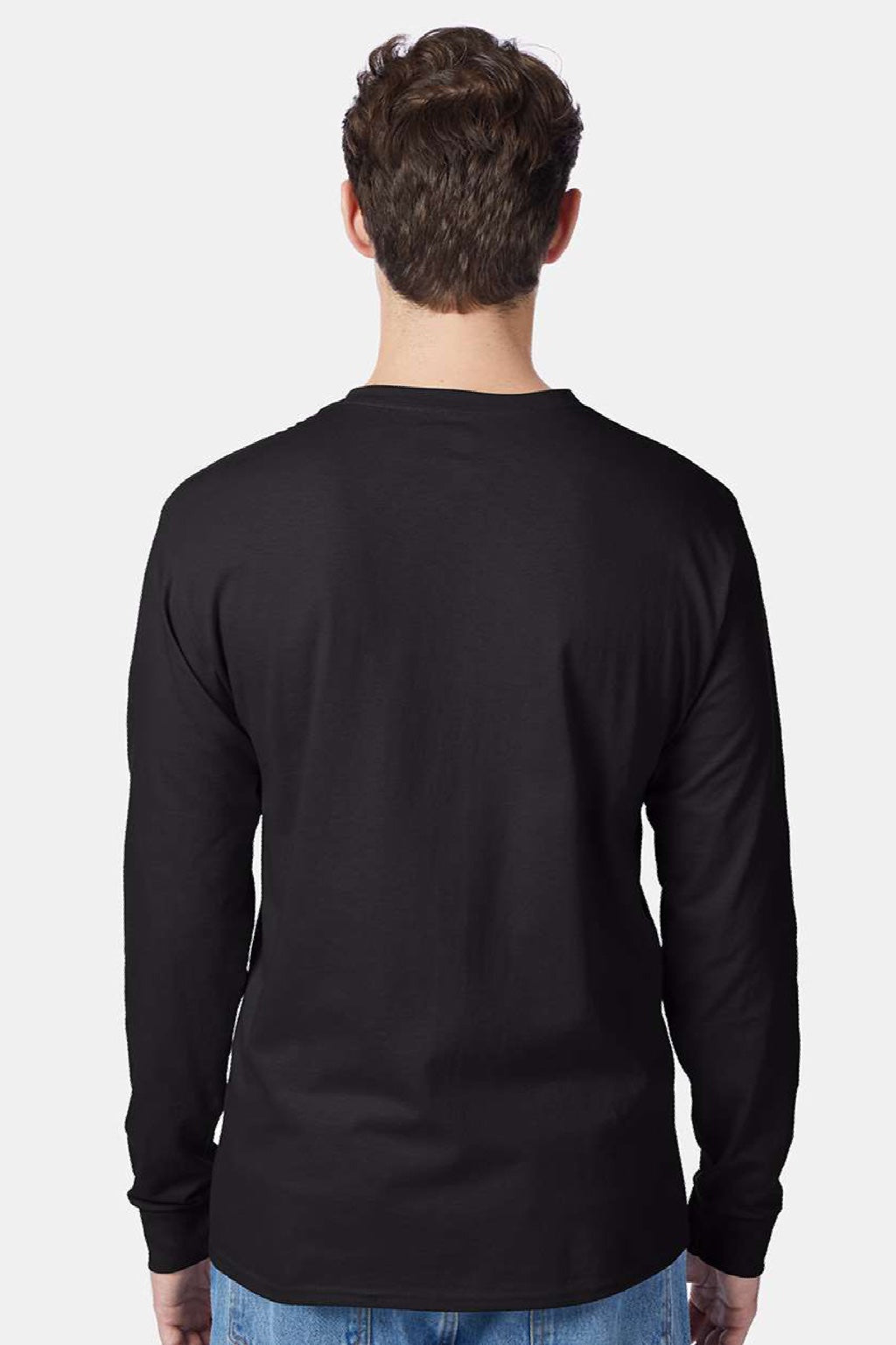 Hanes 5596 Mens Authentic Long Sleeve Crewneck T-Shirt w/ Pocket Black Model Back