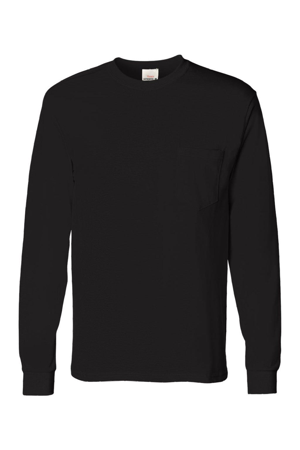 Hanes 5596 Mens Authentic Long Sleeve Crewneck T-Shirt w/ Pocket Black Flat Front