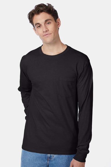 Hanes 5596 Mens Authentic Long Sleeve Crewneck T-Shirt w/ Pocket Black Model Front