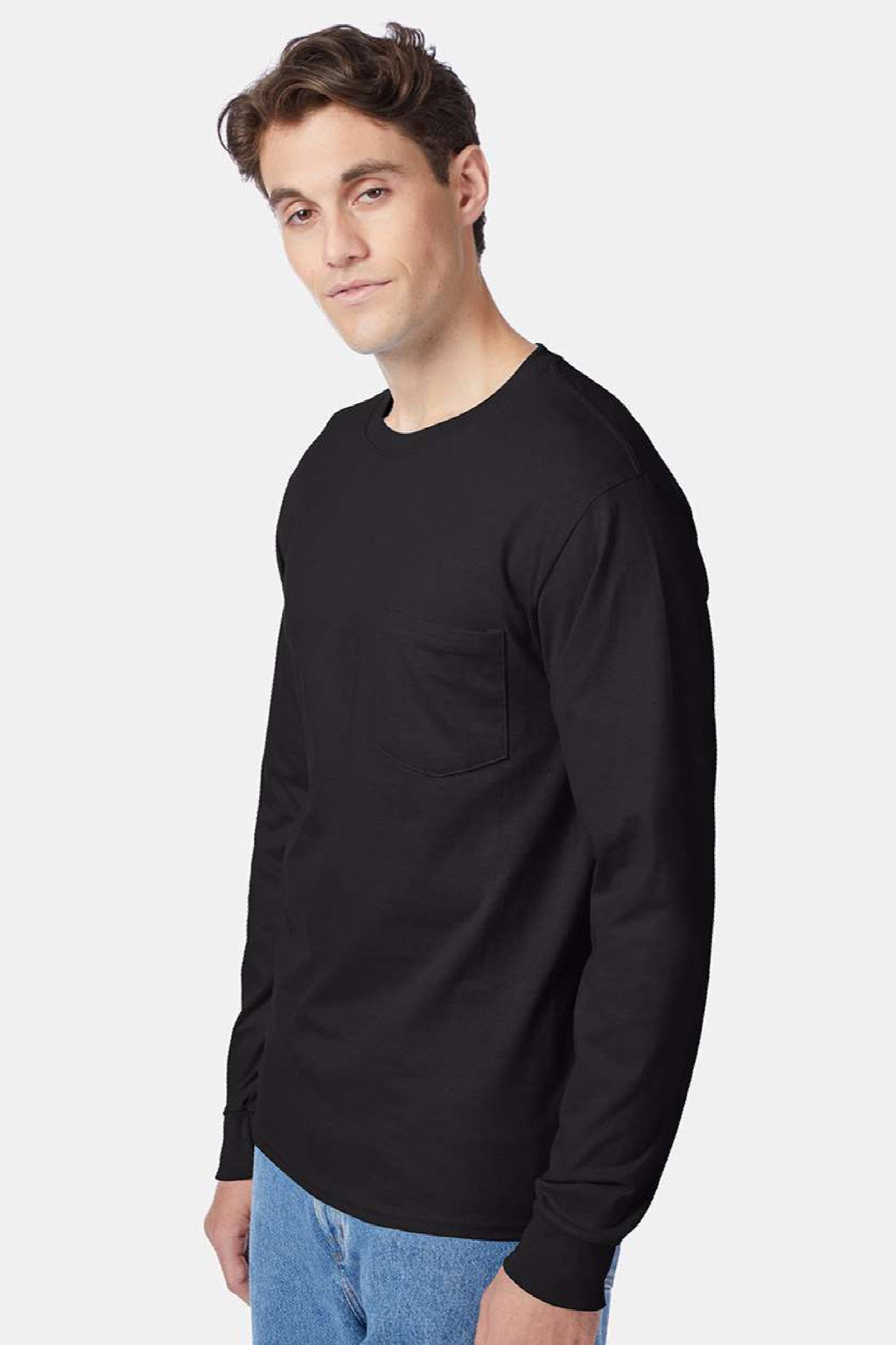 Hanes 5596 Mens Authentic Long Sleeve Crewneck T-Shirt w/ Pocket Black Model Side
