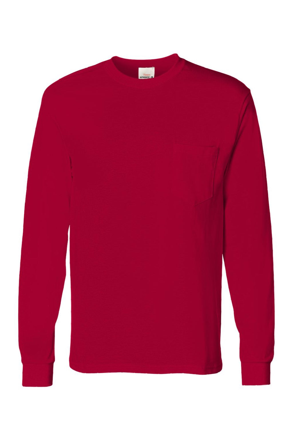 Hanes 5596 Mens Authentic Long Sleeve Crewneck T-Shirt w/ Pocket Deep Red Flat Front