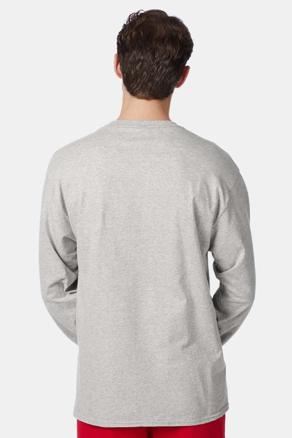Hanes 5596 Mens Authentic Long Sleeve Crewneck T-Shirt w/ Pocket Light Steel Grey Model Back