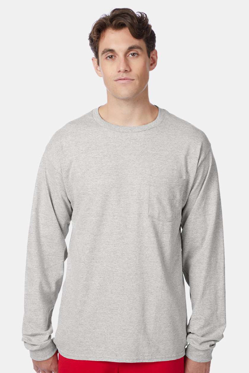 Hanes 5596 Mens Authentic Long Sleeve Crewneck T-Shirt w/ Pocket Light Steel Grey Model Front