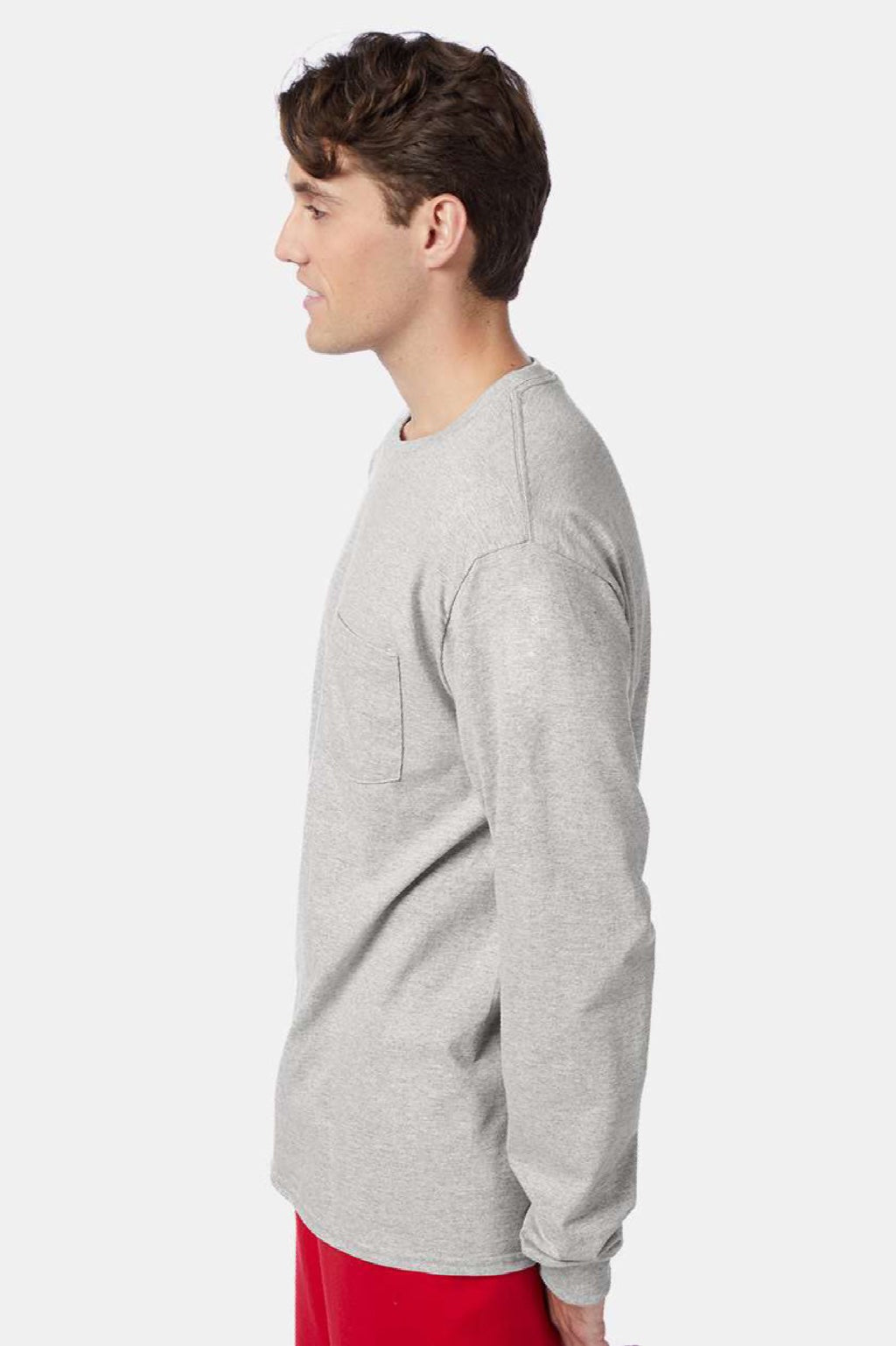 Hanes 5596 Mens Authentic Long Sleeve Crewneck T-Shirt w/ Pocket Light Steel Grey Model Side