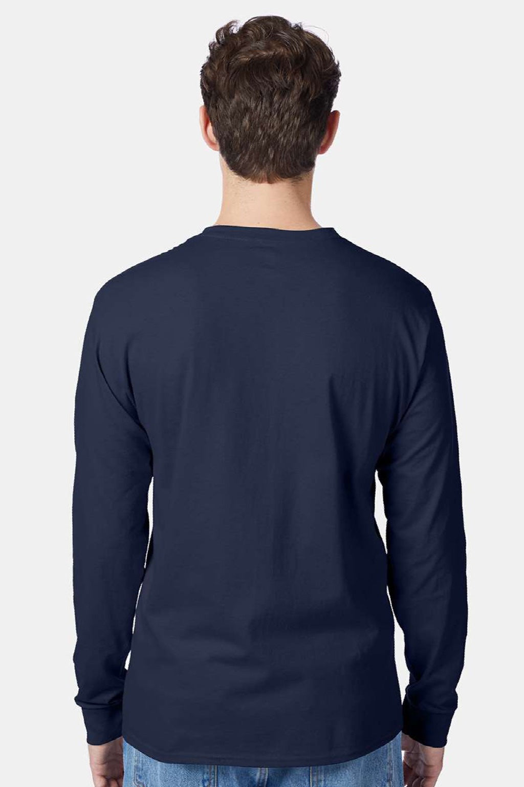 Hanes 5596 Mens Authentic Long Sleeve Crewneck T-Shirt w/ Pocket Navy Blue Model Back