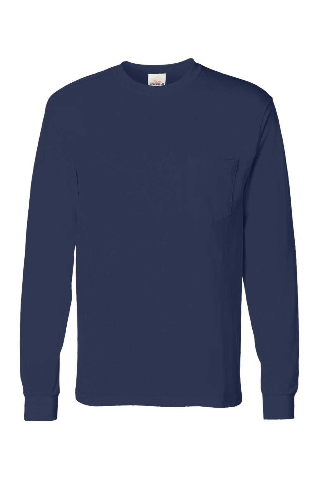 Hanes 5596 Mens Authentic Long Sleeve Crewneck T-Shirt w/ Pocket Navy Blue Flat Front