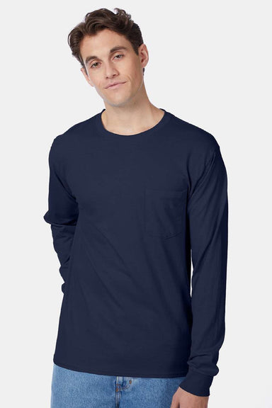 Hanes 5596 Mens Authentic Long Sleeve Crewneck T-Shirt w/ Pocket Navy Blue Model Front