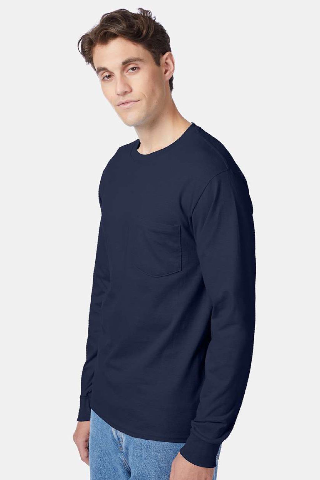 Hanes 5596 Mens Authentic Long Sleeve Crewneck T-Shirt w/ Pocket Navy Blue Model Side