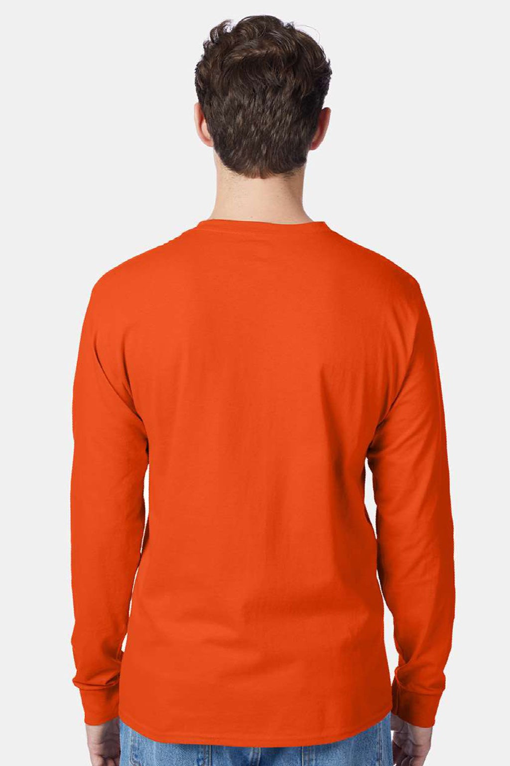 Hanes 5596 Mens Authentic Long Sleeve Crewneck T-Shirt w/ Pocket Orange Model Back
