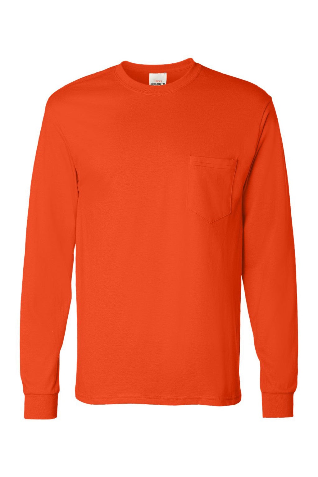 Hanes 5596 Mens Authentic Long Sleeve Crewneck T-Shirt w/ Pocket Orange Flat Front