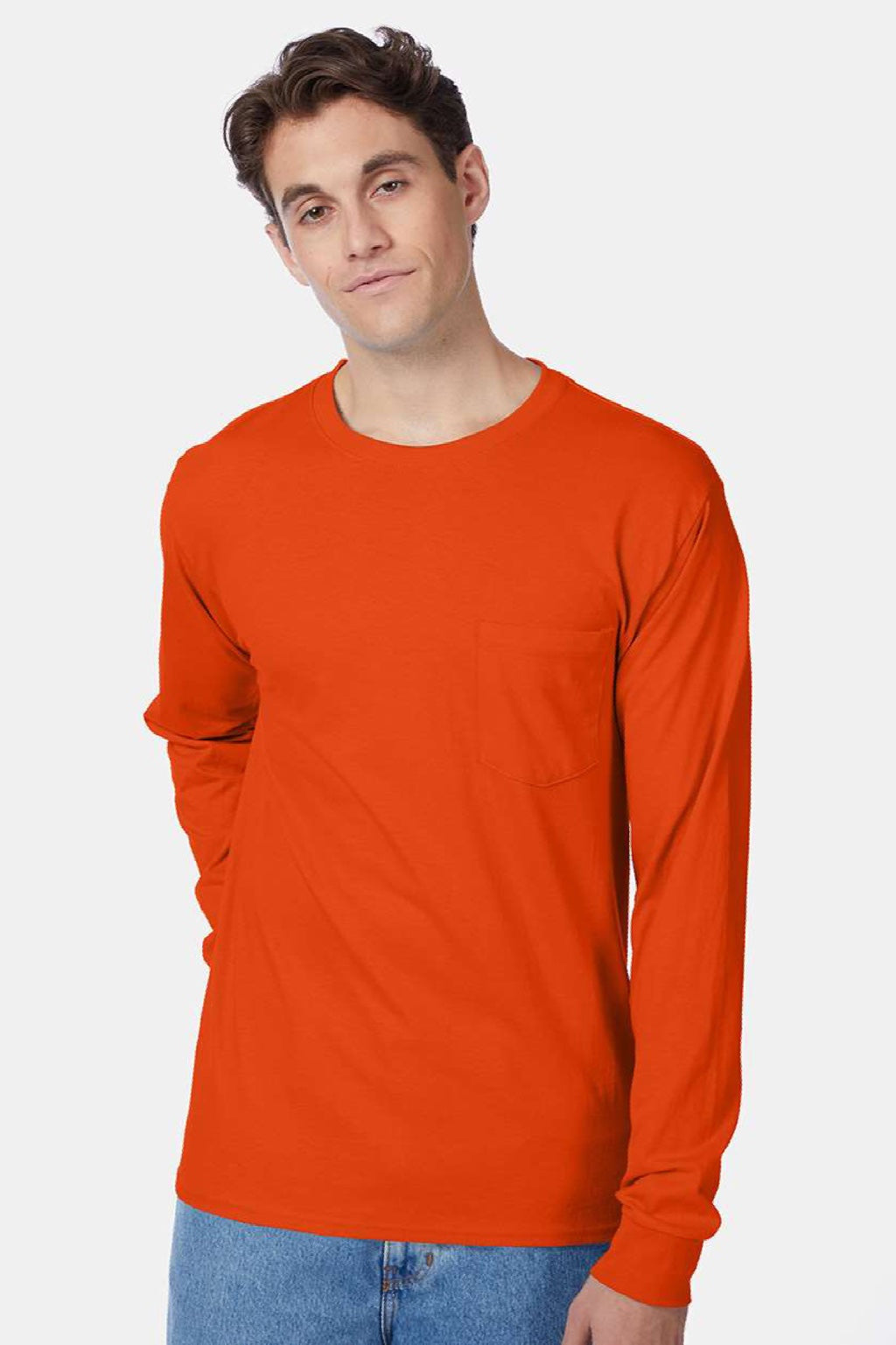 Hanes 5596 Mens Authentic Long Sleeve Crewneck T-Shirt w/ Pocket Orange Model Front