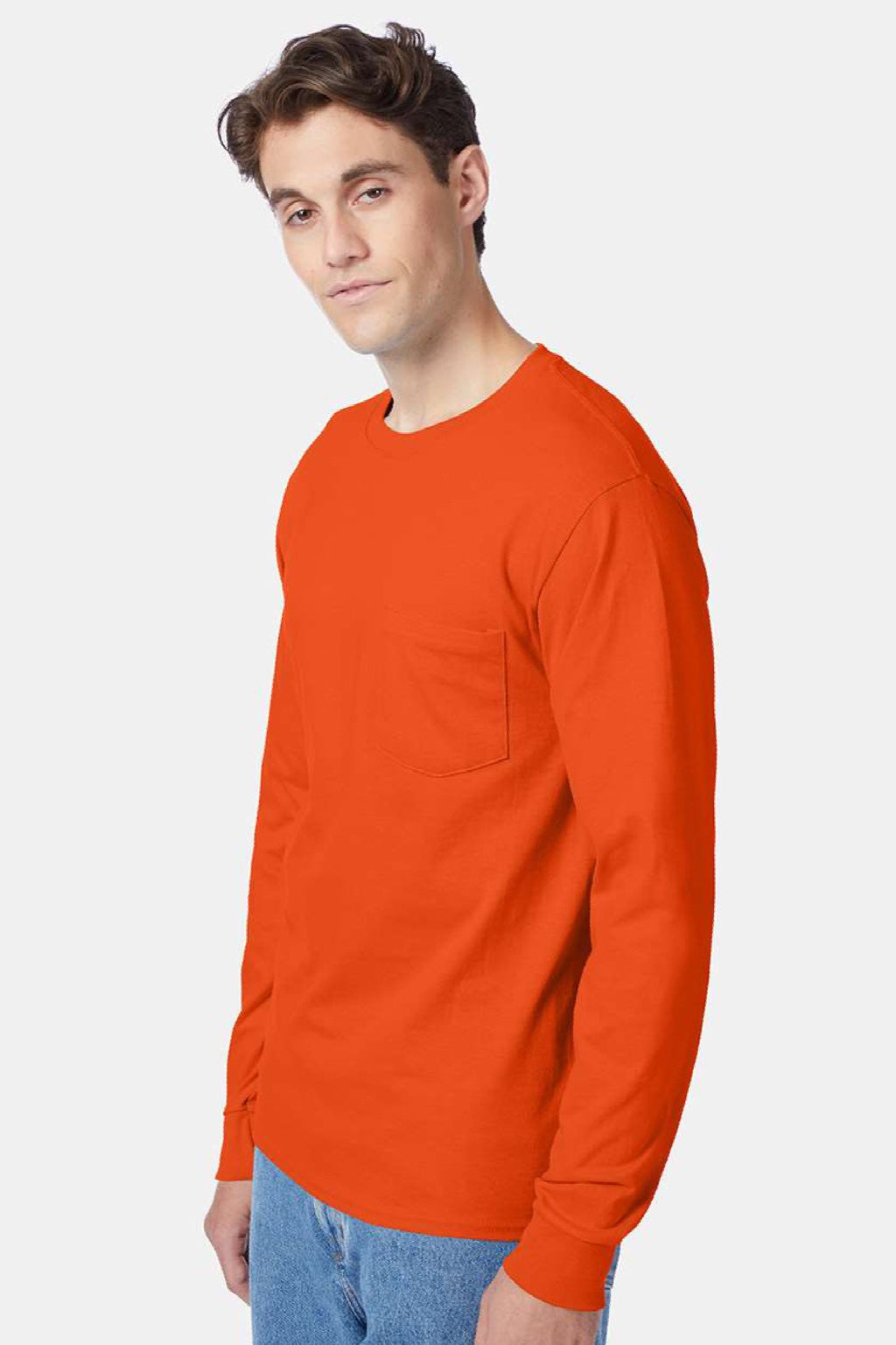 Hanes 5596 Mens Authentic Long Sleeve Crewneck T-Shirt w/ Pocket Orange Model Side