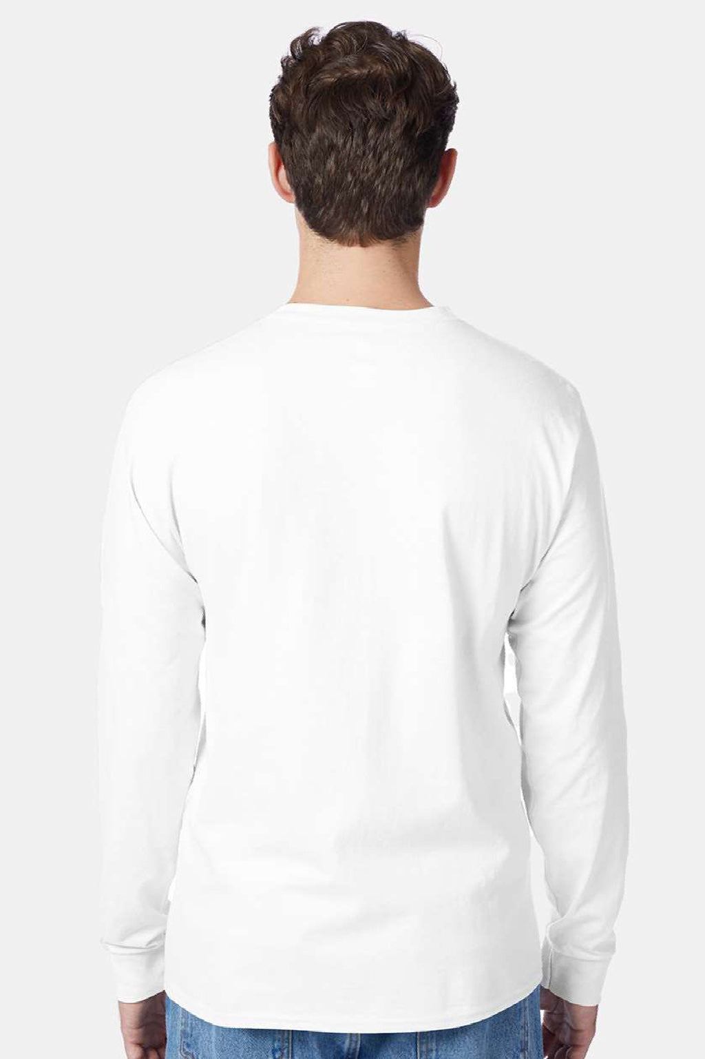 Hanes 5596 Mens Authentic Long Sleeve Crewneck T-Shirt w/ Pocket White Model Back