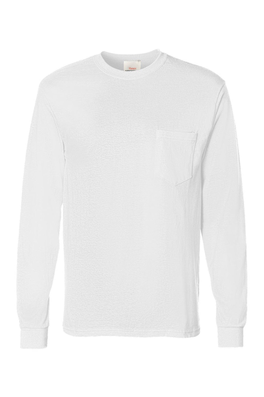 Hanes 5596 Mens Authentic Long Sleeve Crewneck T-Shirt w/ Pocket White Flat Front