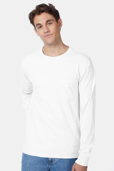 Hanes 5596 Mens Authentic Long Sleeve Crewneck T-Shirt w/ Pocket White Model Front