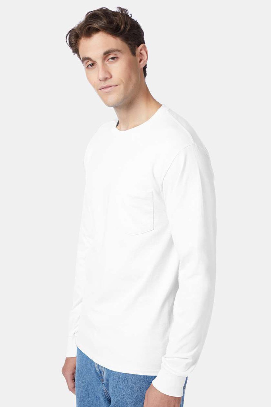 Hanes 5596 Mens Authentic Long Sleeve Crewneck T-Shirt w/ Pocket White Model Side