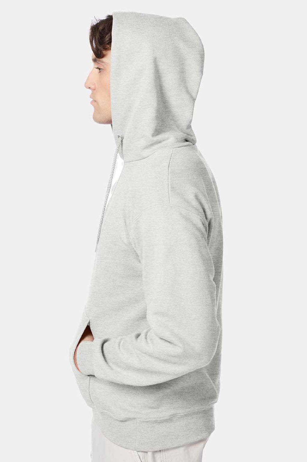 Hanes F170 Mens Ultimate Cotton PrintPro XP Pill Resistant Hooded Sweatshirt Hoodie w/ Pouch Pocket Ash Grey Model Side