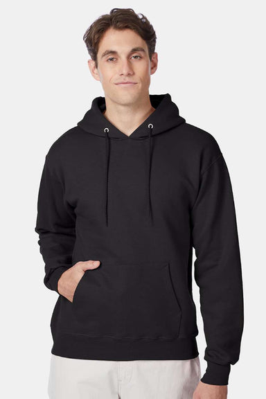 Hanes F170 Mens Ultimate Cotton PrintPro XP Pill Resistant Hooded Sweatshirt Hoodie w/ Pouch Pocket Black Model Front
