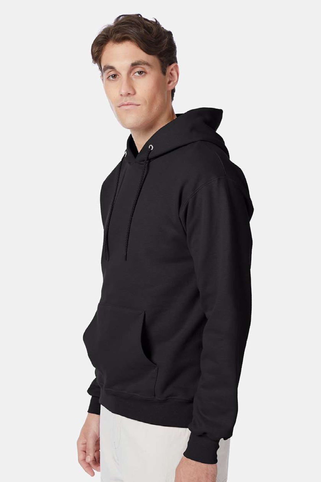 Hanes F170 Mens Ultimate Cotton PrintPro XP Pill Resistant Hooded Sweatshirt Hoodie w/ Pouch Pocket Black Model Side