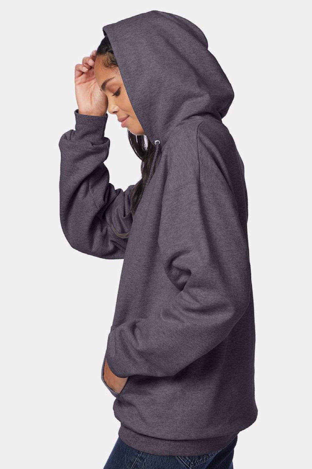 Hanes F170 Mens Ultimate Cotton PrintPro XP Pill Resistant Hooded Sweatshirt Hoodie w/ Pouch Pocket Heather Charcoal Grey Model Side