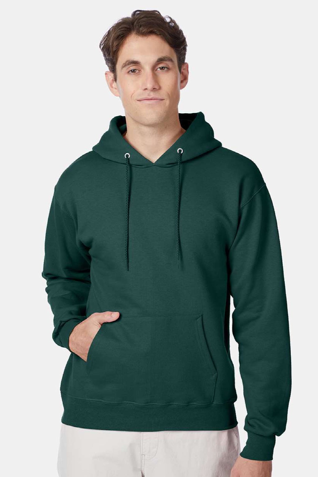 Hanes F170 Mens Ultimate Cotton PrintPro XP Pill Resistant Hooded Sweatshirt Hoodie w/ Pouch Pocket Deep Forest Green Model Front