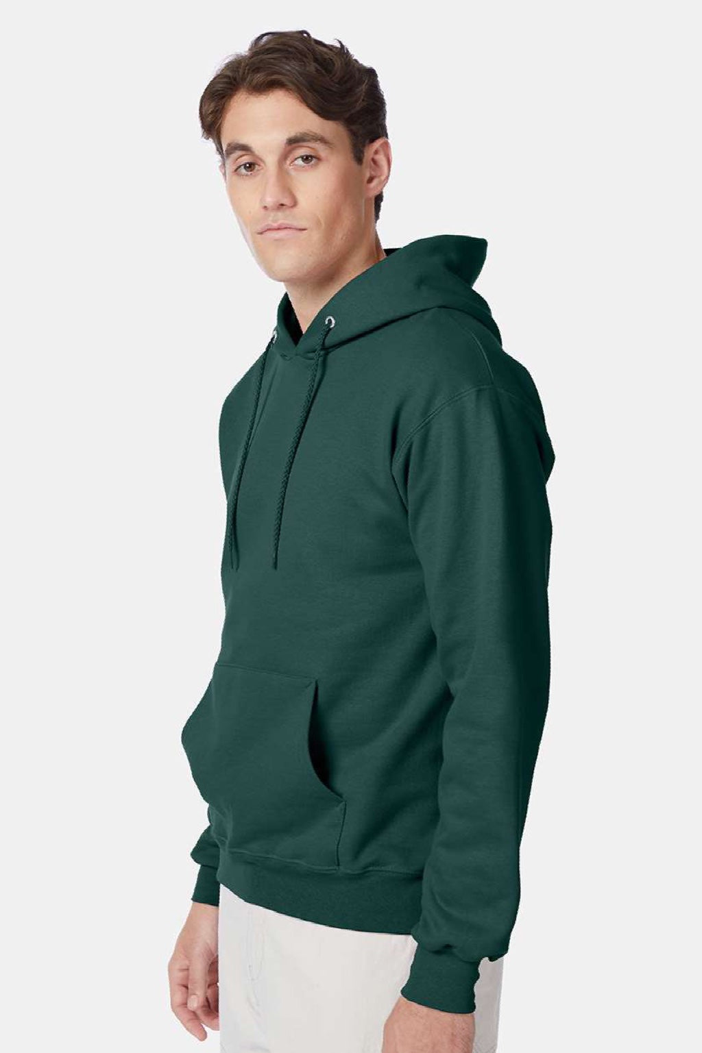 Hanes F170 Mens Ultimate Cotton PrintPro XP Pill Resistant Hooded Sweatshirt Hoodie w/ Pouch Pocket Deep Forest Green Model Side