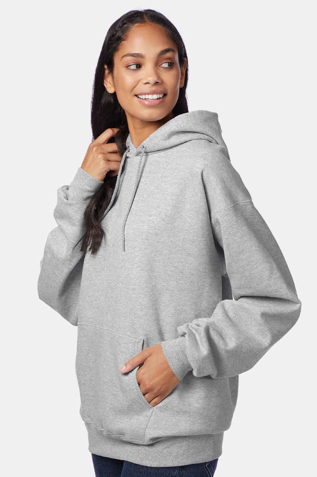 Hanes F170 Mens Ultimate Cotton PrintPro XP Pill Resistant Hooded Sweatshirt Hoodie w/ Pouch Pocket Light Steel Grey Model Side