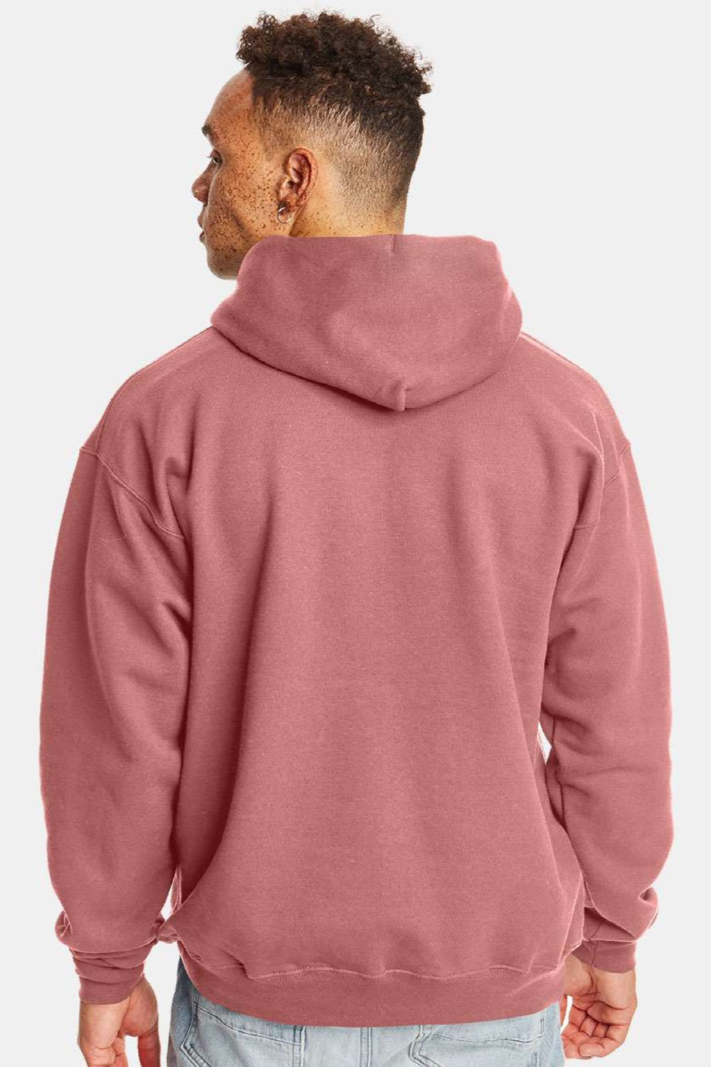 Hanes F170 Mens Ultimate Cotton PrintPro XP Pill Resistant Hooded Sweatshirt Hoodie w/ Pouch Pocket Mauve Model Back