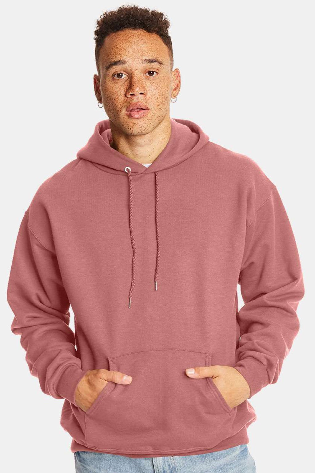 Hanes F170 Mens Ultimate Cotton PrintPro XP Pill Resistant Hooded Sweatshirt Hoodie w/ Pouch Pocket Mauve Model Front