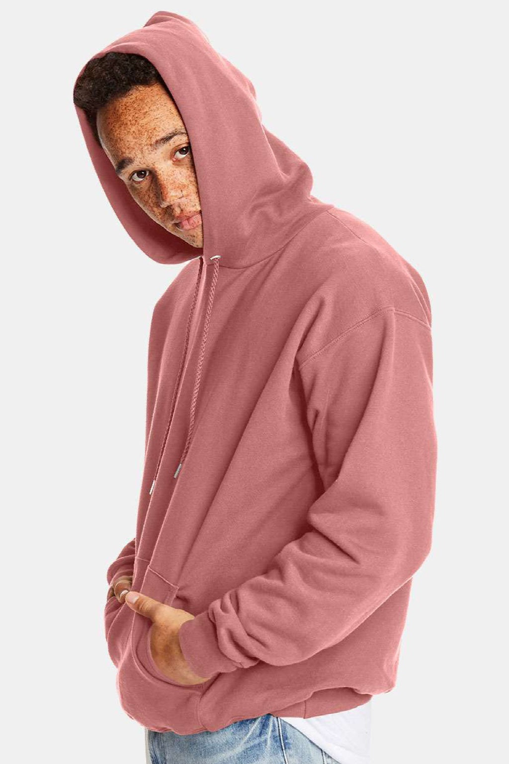 Hanes F170 Mens Ultimate Cotton PrintPro XP Pill Resistant Hooded Sweatshirt Hoodie w/ Pouch Pocket Mauve Model Side