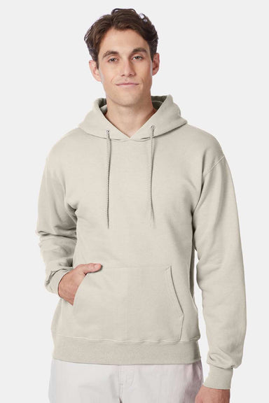 Hanes F170 Mens Ultimate Cotton PrintPro XP Pill Resistant Hooded Sweatshirt Hoodie w/ Pouch Pocket Natural Model Front
