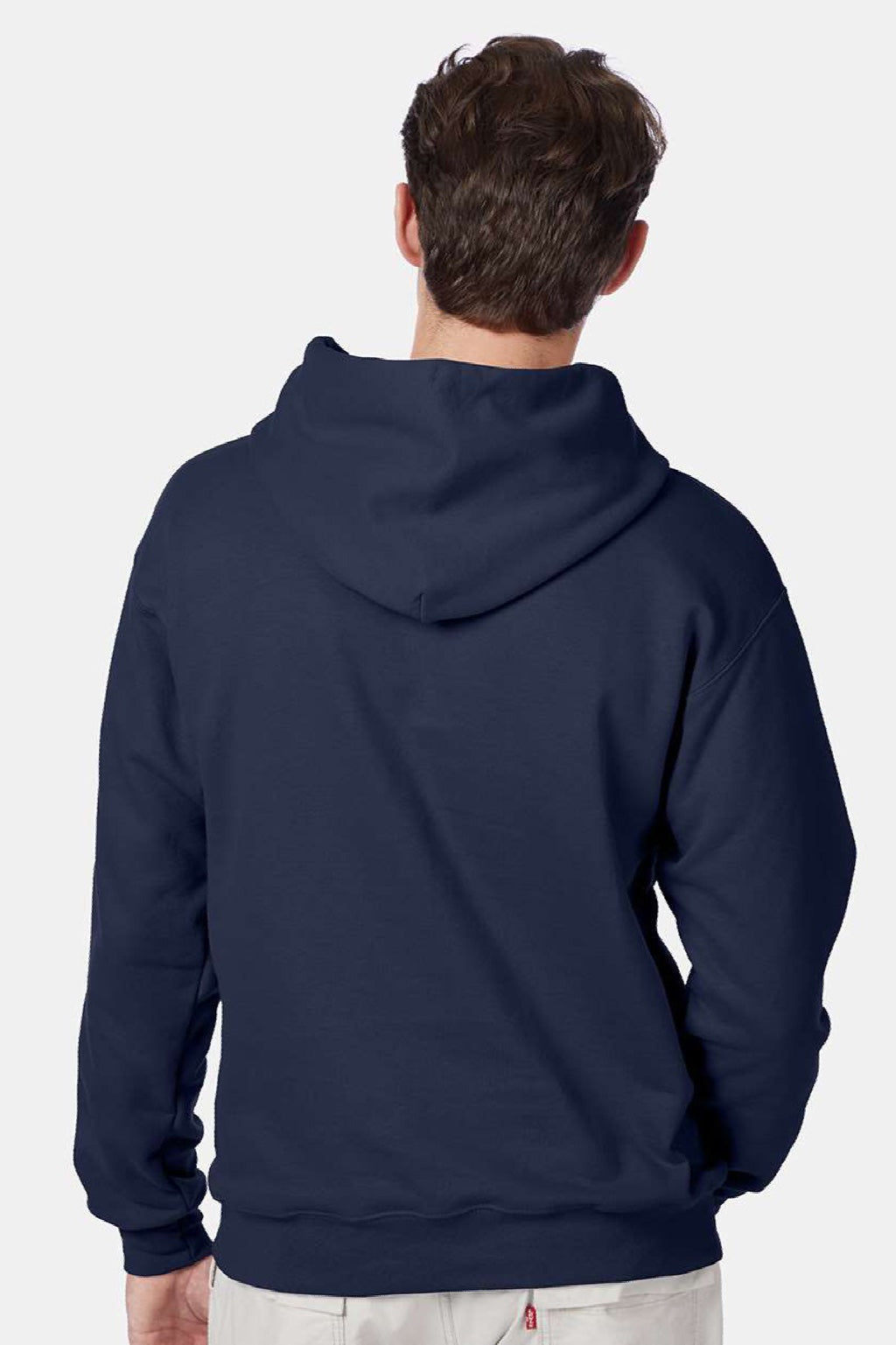 Hanes F170 Mens Ultimate Cotton PrintPro XP Pill Resistant Hooded Sweatshirt Hoodie w/ Pouch Pocket Navy Blue Model Back
