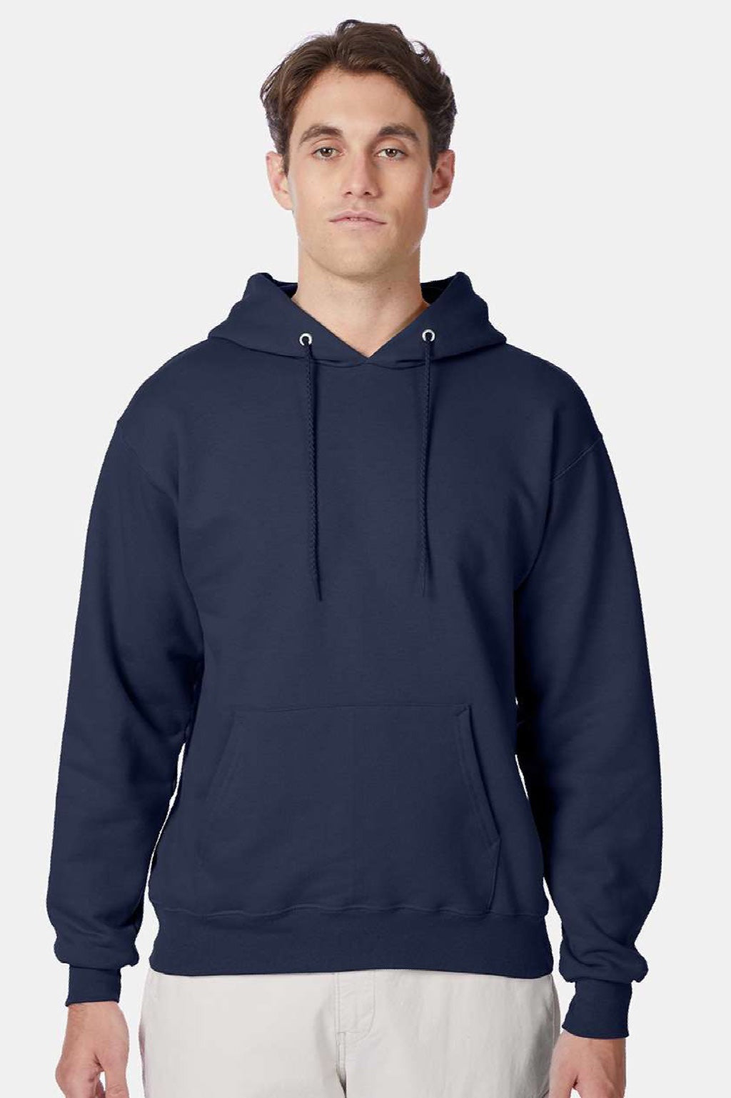 Hanes F170 Mens Ultimate Cotton PrintPro XP Pill Resistant Hooded Sweatshirt Hoodie w/ Pouch Pocket Navy Blue Model Front