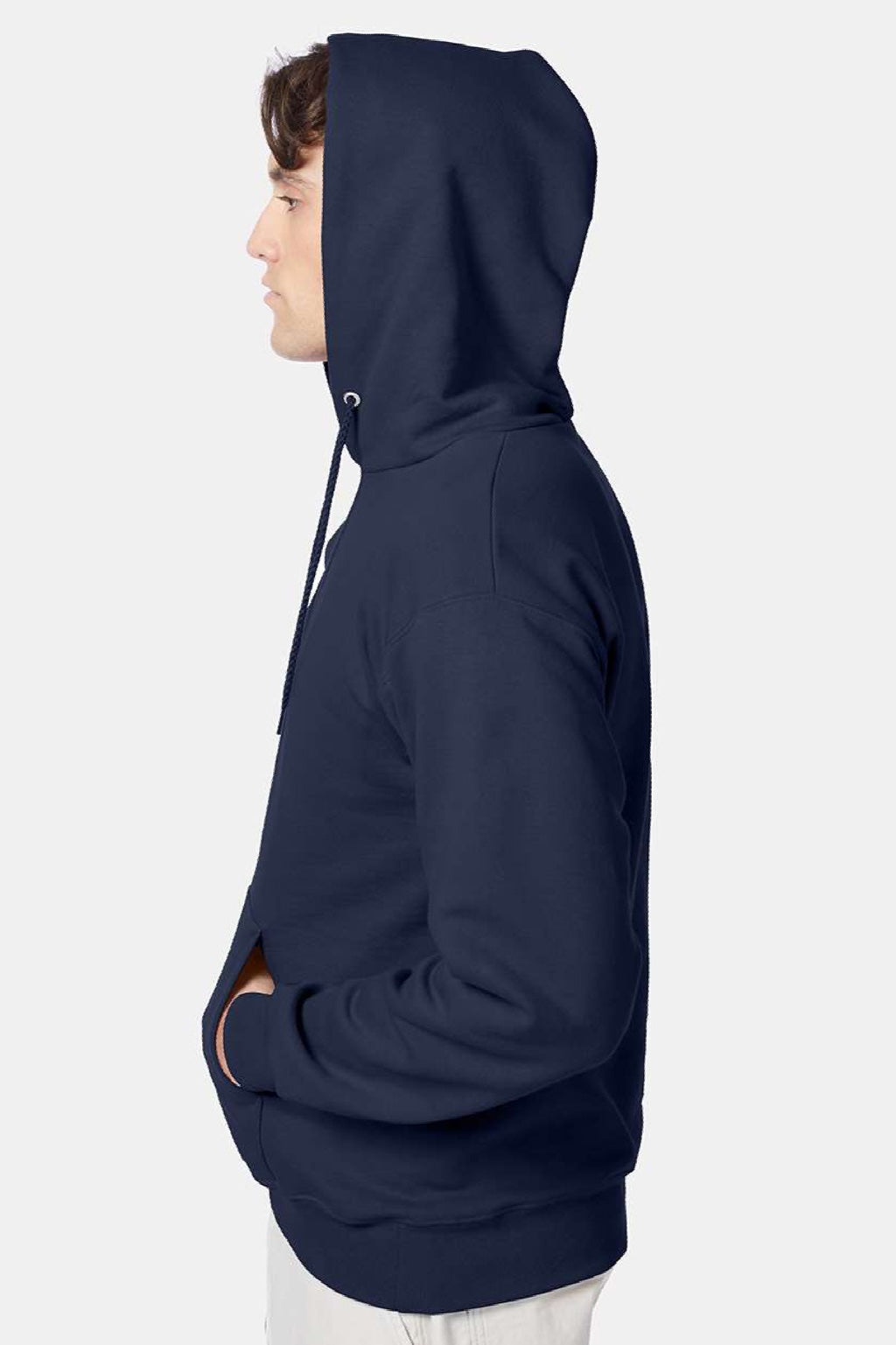Hanes F170 Mens Ultimate Cotton PrintPro XP Pill Resistant Hooded Sweatshirt Hoodie w/ Pouch Pocket Navy Blue Model Side