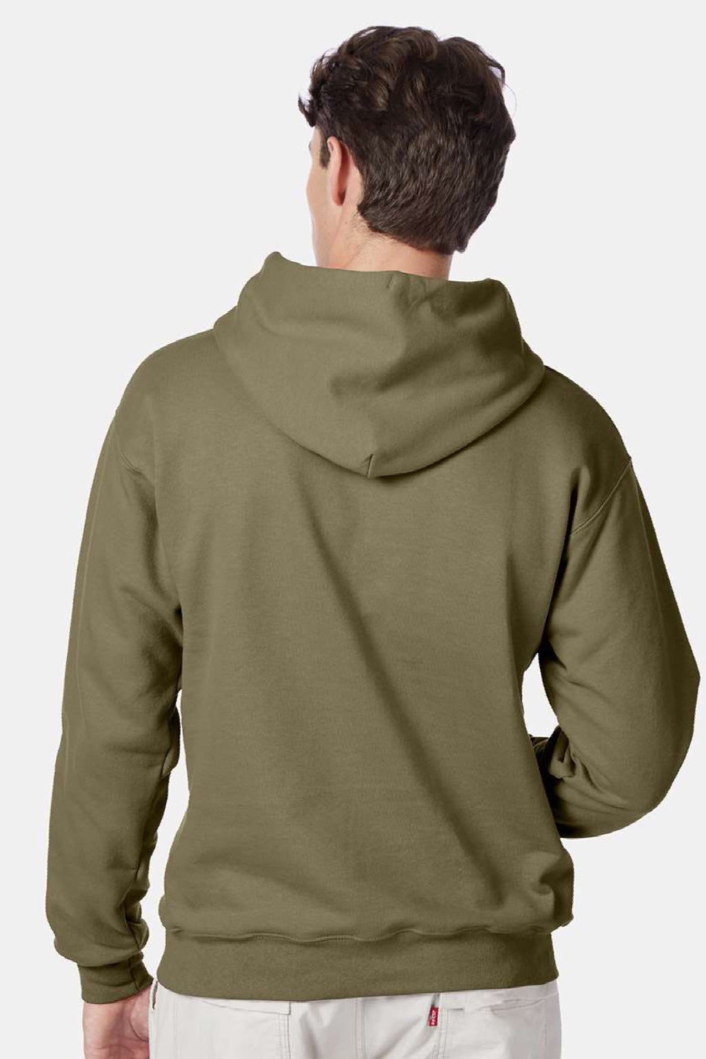 Hanes F170 Mens Ultimate Cotton PrintPro XP Pill Resistant Hooded Sweatshirt Hoodie w/ Pouch Pocket Oregano Model Back