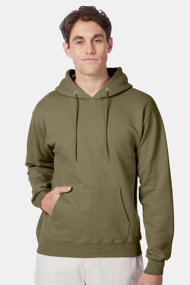 Hanes F170 Mens Ultimate Cotton PrintPro XP Pill Resistant Hooded Sweatshirt Hoodie w/ Pouch Pocket Oregano Model Front