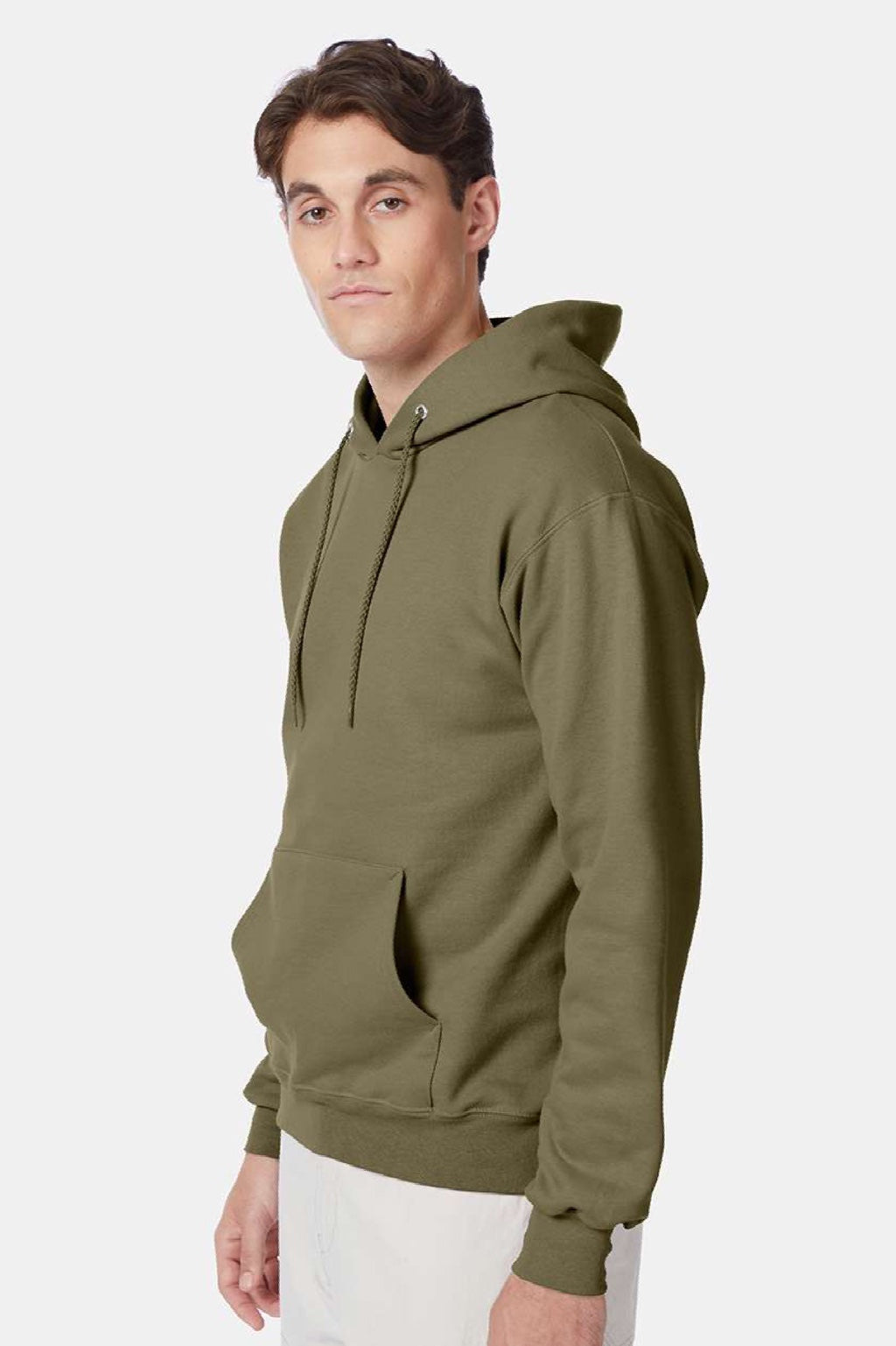 Hanes F170 Mens Ultimate Cotton PrintPro XP Pill Resistant Hooded Sweatshirt Hoodie w/ Pouch Pocket Oregano Model Side