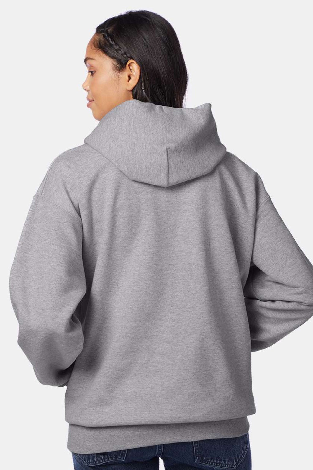 Hanes F170 Mens Ultimate Cotton PrintPro XP Pill Resistant Hooded Sweatshirt Hoodie w/ Pouch Pocket Oxford Grey Model Back