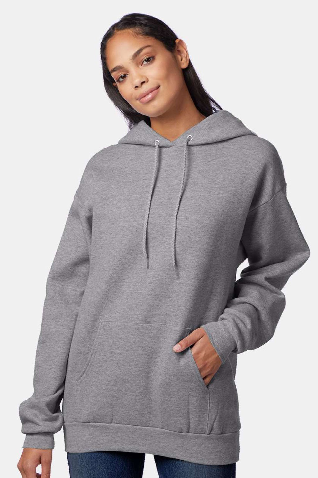 Hanes F170 Mens Ultimate Cotton PrintPro XP Pill Resistant Hooded Sweatshirt Hoodie w/ Pouch Pocket Oxford Grey Model Front