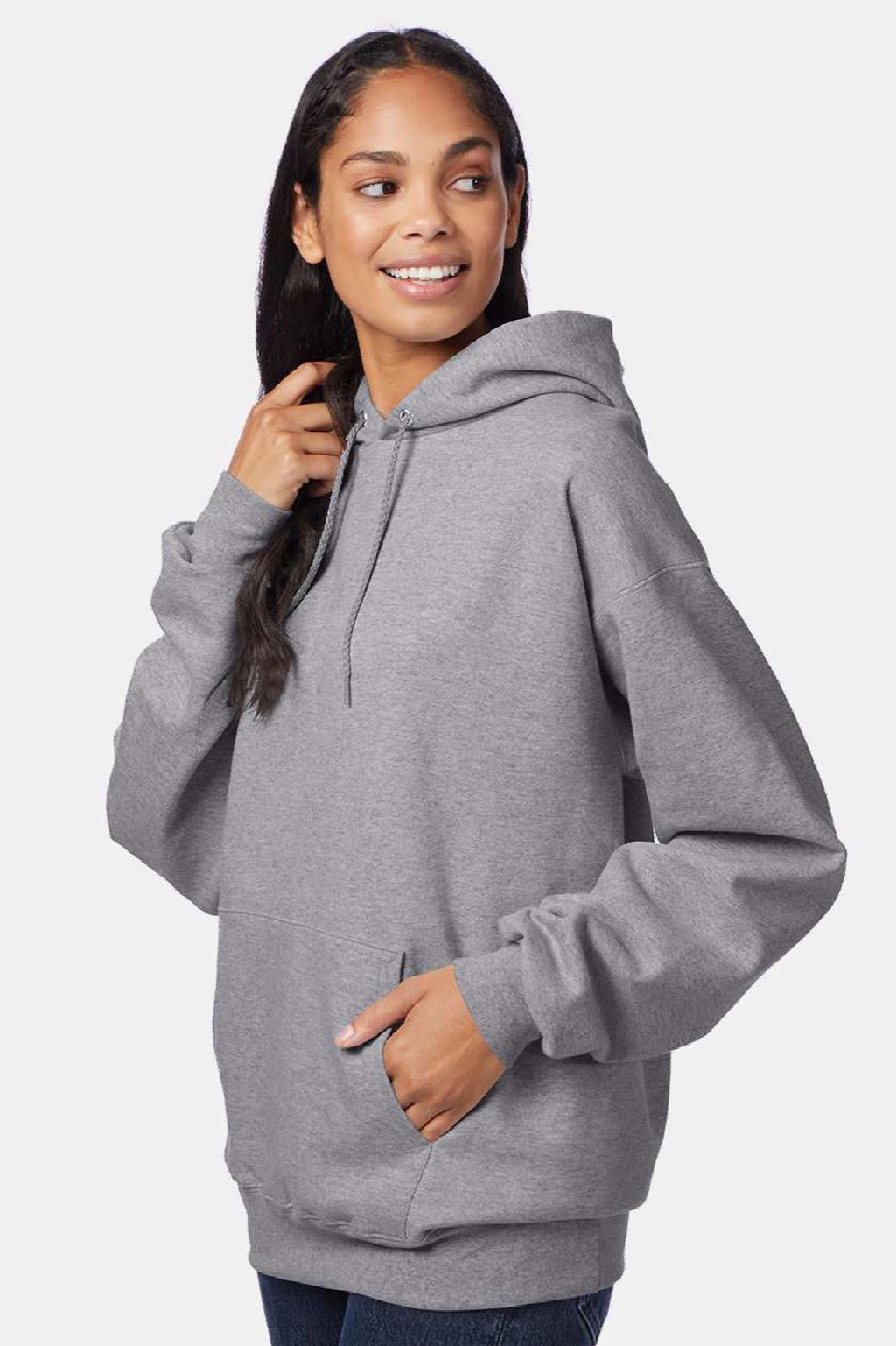 Hanes F170 Mens Ultimate Cotton PrintPro XP Pill Resistant Hooded Sweatshirt Hoodie w/ Pouch Pocket Oxford Grey Model Side