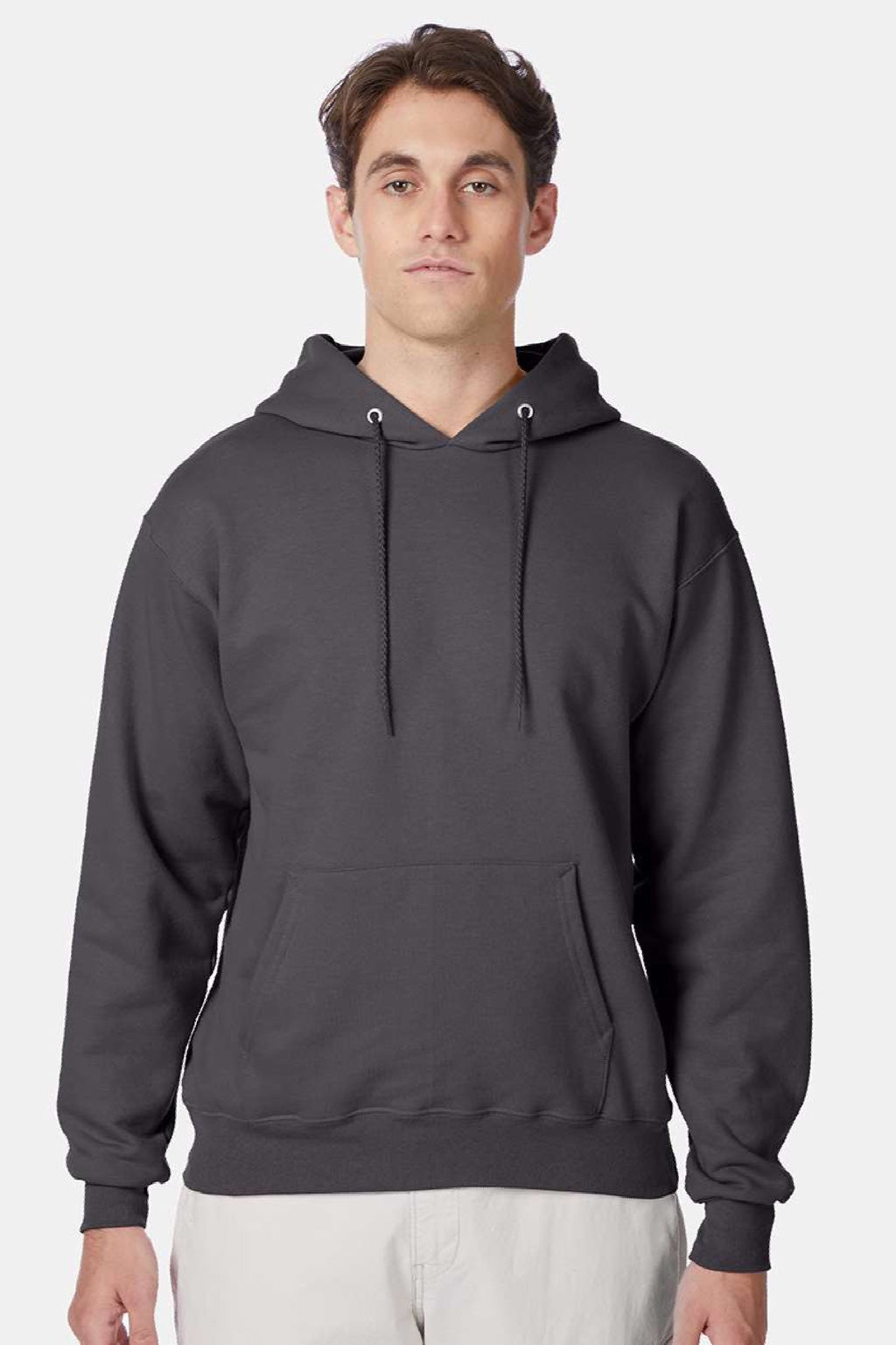 Hanes F170 Mens Ultimate Cotton PrintPro XP Pill Resistant Hooded Sweatshirt Hoodie w/ Pouch Pocket Smoke Grey Model Front
