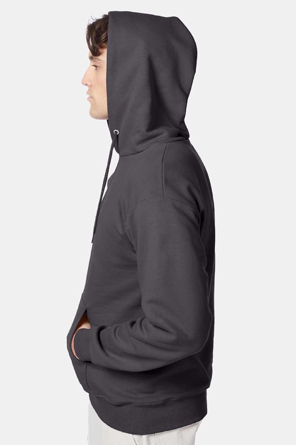 Hanes F170 Mens Ultimate Cotton PrintPro XP Pill Resistant Hooded Sweatshirt Hoodie w/ Pouch Pocket Smoke Grey Model Side