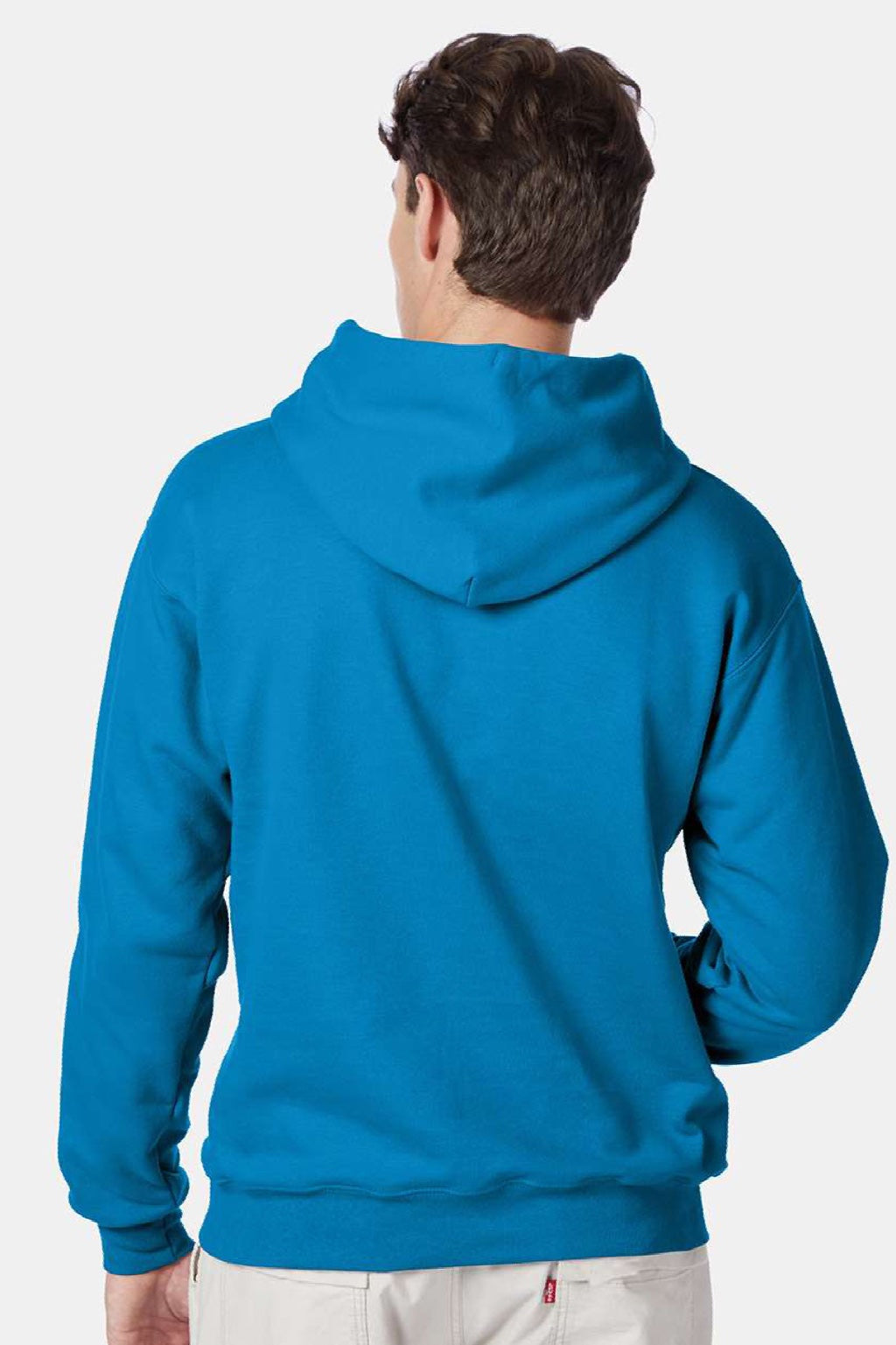 Hanes F170 Mens Ultimate Cotton PrintPro XP Pill Resistant Hooded Sweatshirt Hoodie w/ Pouch Pocket Teal Blue Model Back