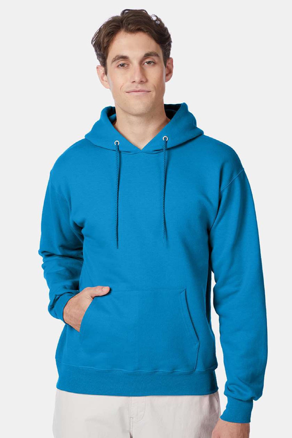 Hanes F170 Mens Ultimate Cotton PrintPro XP Pill Resistant Hooded Sweatshirt Hoodie w/ Pouch Pocket Teal Blue Model Front