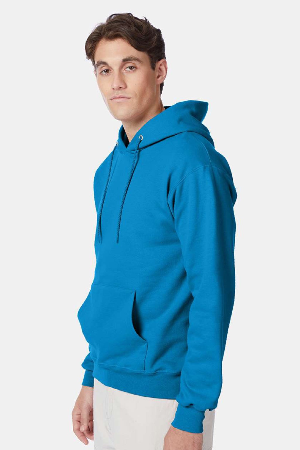 Hanes F170 Mens Ultimate Cotton PrintPro XP Pill Resistant Hooded Sweatshirt Hoodie w/ Pouch Pocket Teal Blue Model Side